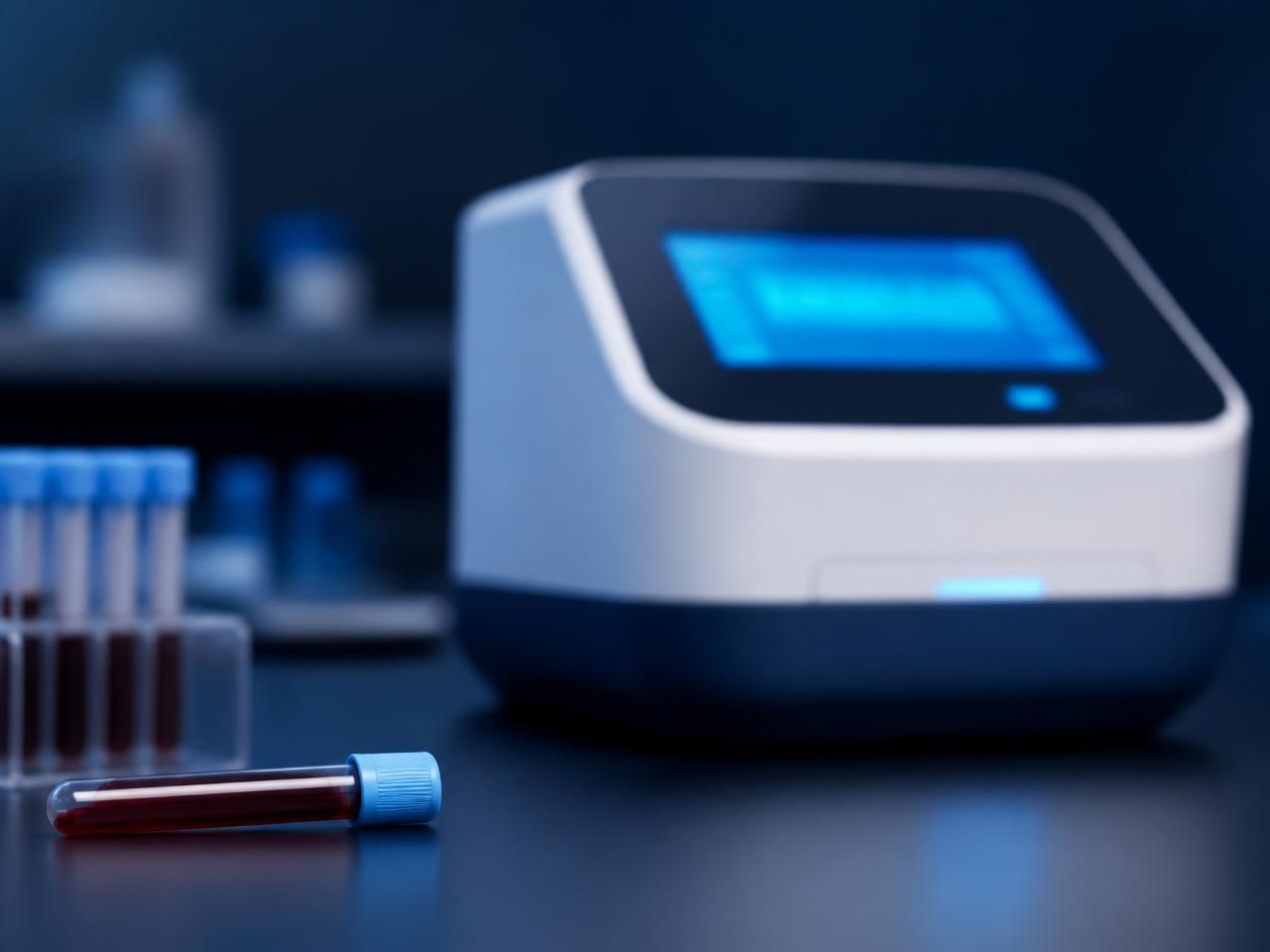 Compact benchtop Biomarx analyser beside blood sample tubes